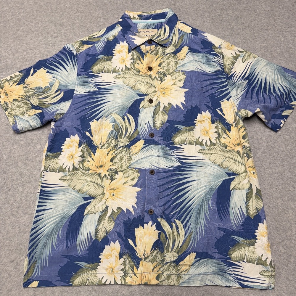 Tommy Bahama Shirt Mens Large Blue Floral Silk Hawaiian Short Sleeve Button Up
